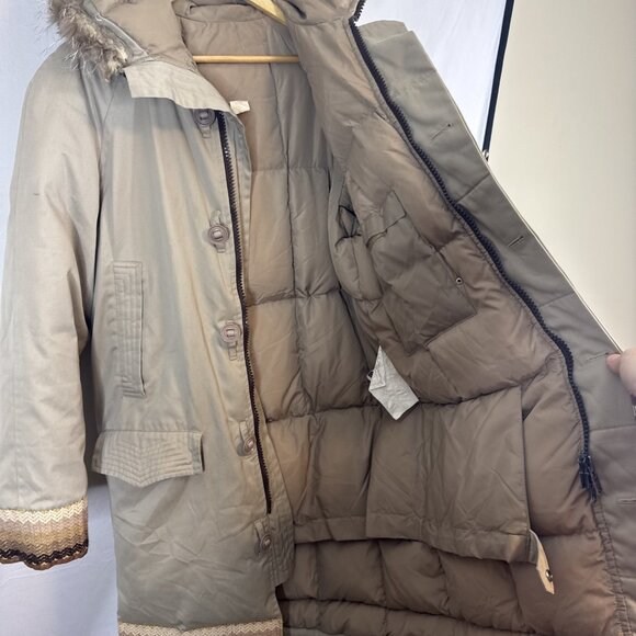 Vintage Down Parka Real Fur Hood Men’s 38 Beige Knit Trim 80s Warm - Picture 9 of 10